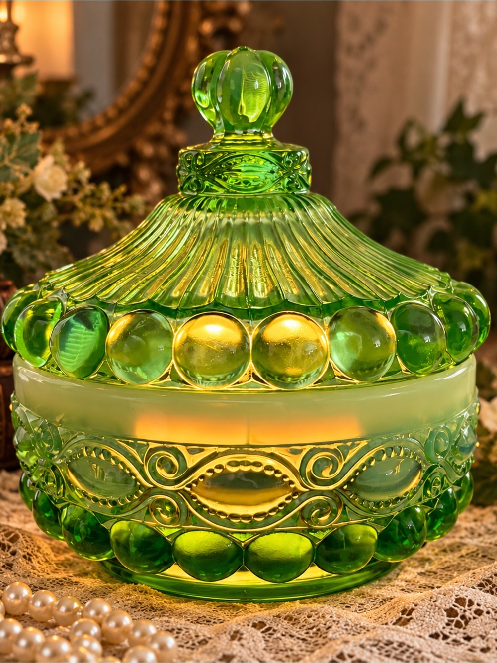 Mosser Glass Eye Winker Green Opal Covered Candy Dish Fairy Lamp